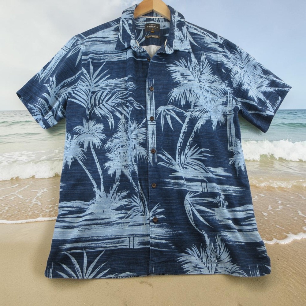 Quiksilver Waterman Shirt Mens XL Blue Palm Tree Cotton Viscose Comfort Fit EUC